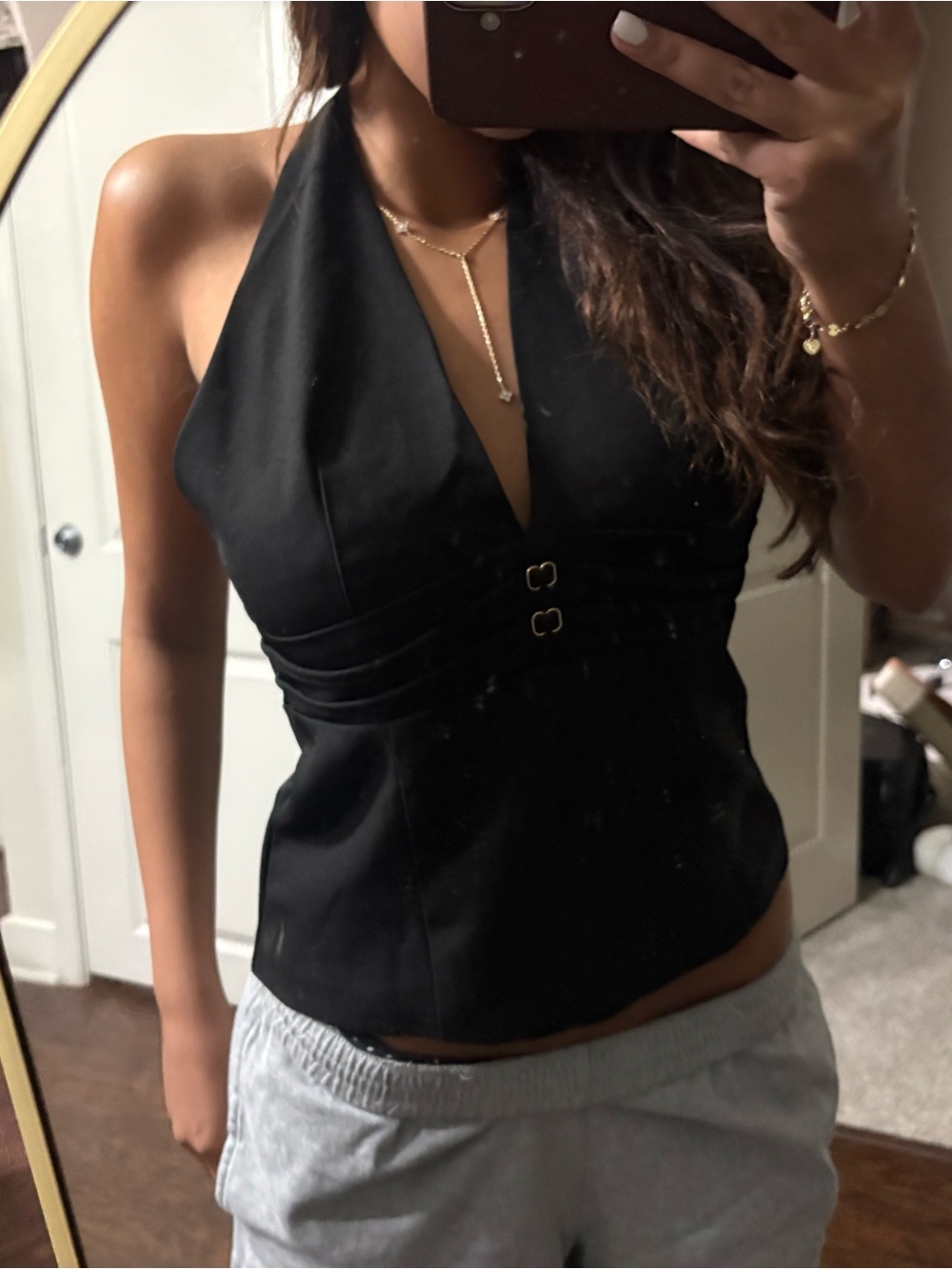 Thirfted Black Halter V-Neck Women's Going Out Top